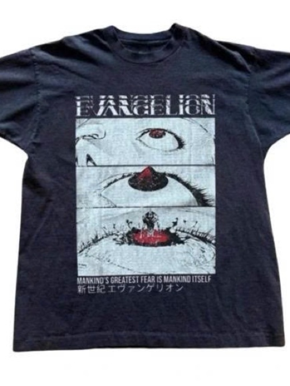 Black Evangelion Short Sleeve Graphic Tee with Red Accent